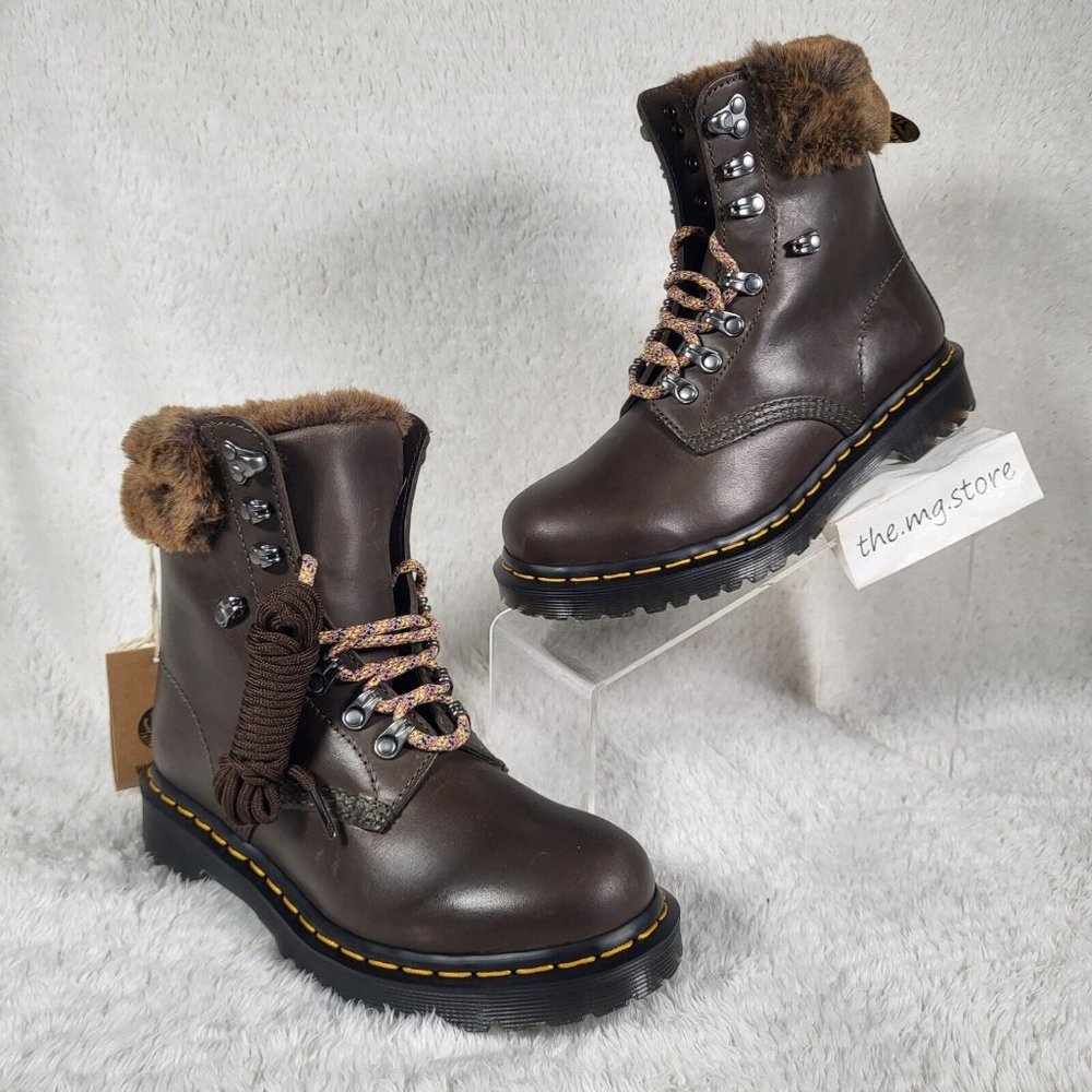 Dr Martens 1460 Serena Collar Womens Size 7 Brown Leather Fur Lined Boots